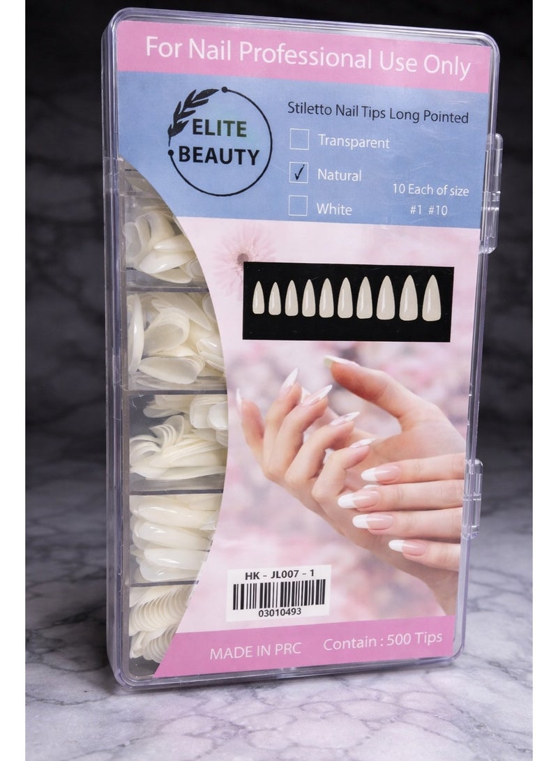 Elite Beauty Stiletto Nail Tips – Long Pointed Natural | 500 Professional Tips - Image 2